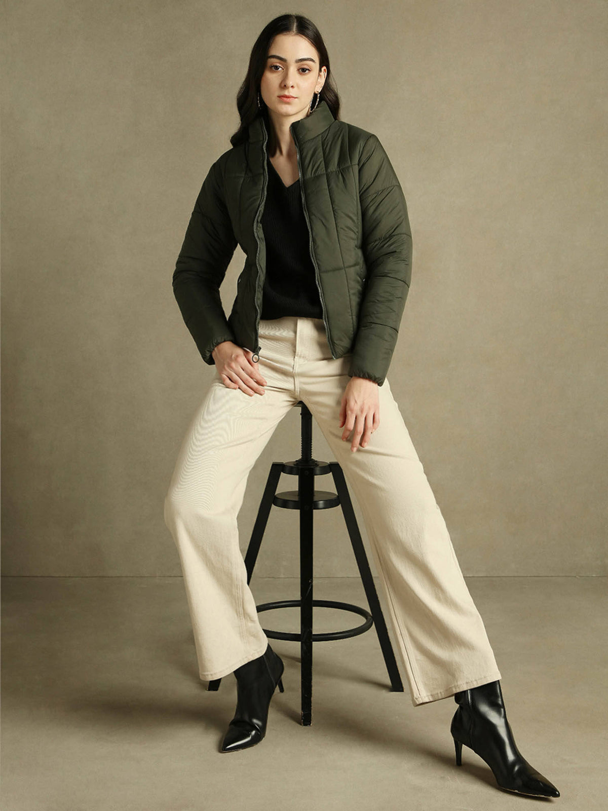 Woman Olive Solid High Neck Full Sleeves Puffer Jacket | JC78 - view 5