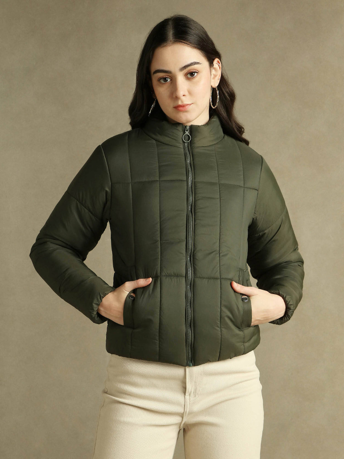 Woman Olive Solid High Neck Full Sleeves Puffer Jacket | JC78 - view 6