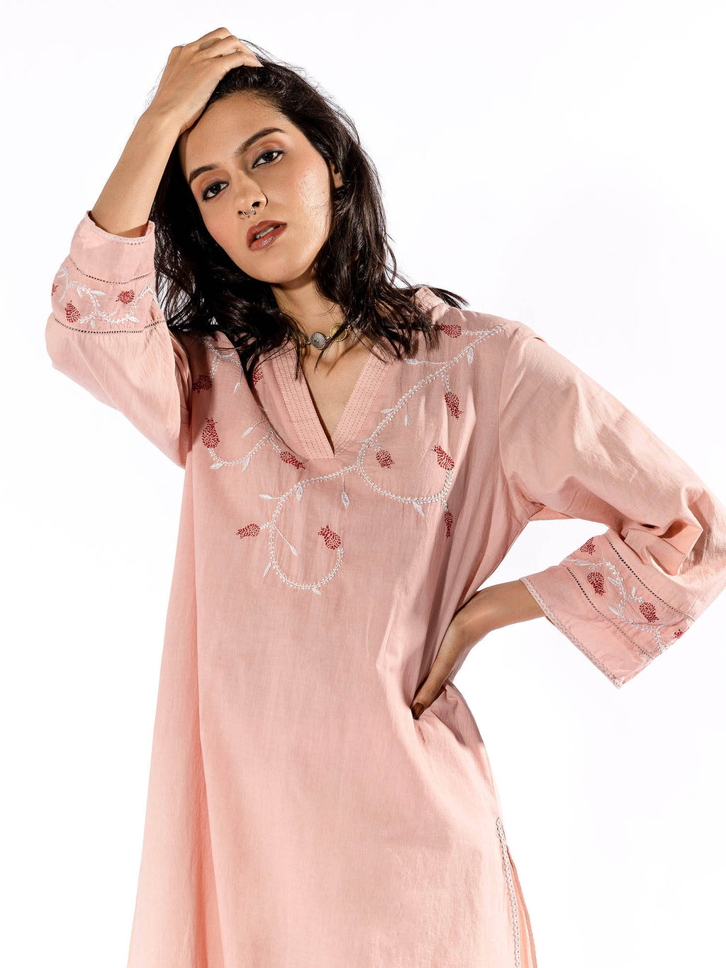 Peach Chikan Cotton Kurta | KDG - view 6