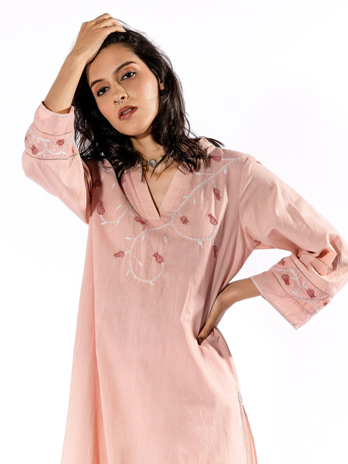 Peach Chikan Cotton Kurta | U3S - view 6