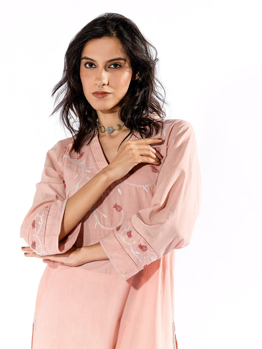 Peach Chikan Cotton Kurta | KDG - view 7