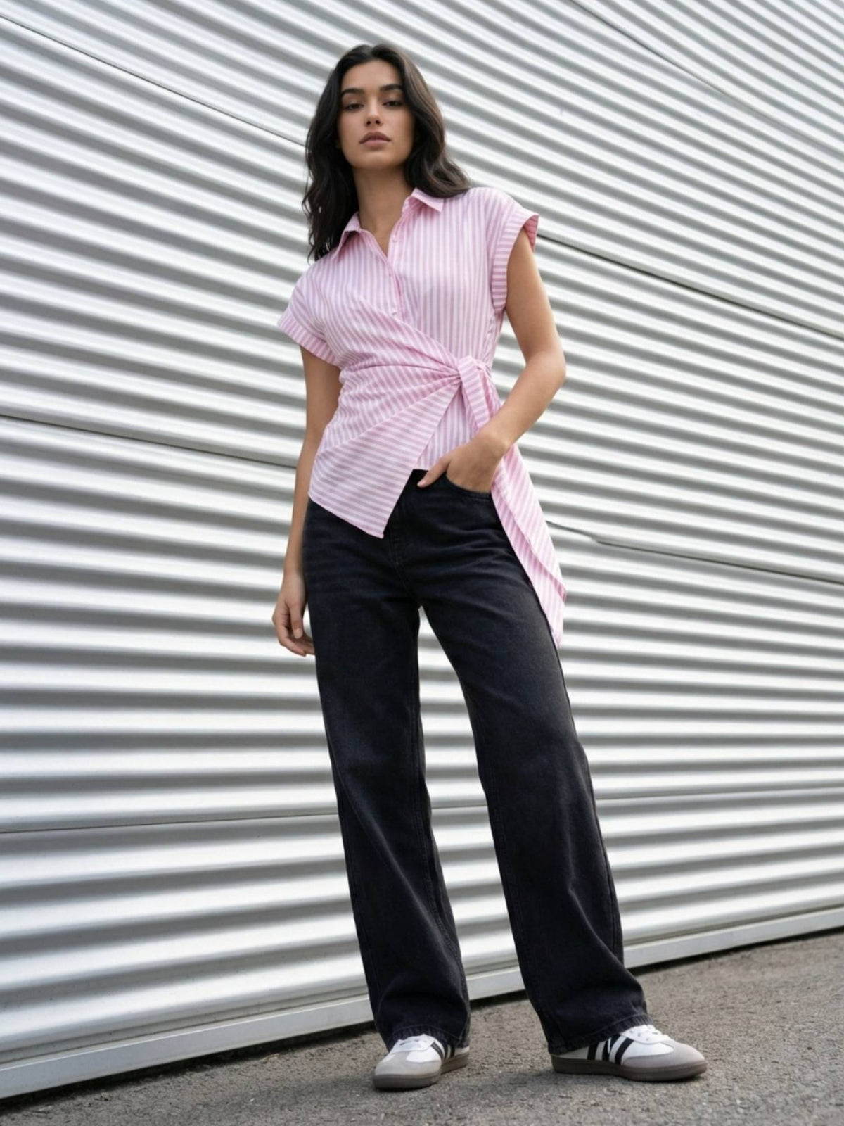Pink Women Striped Wrap Style Cotton Shirt | S67 - view 3