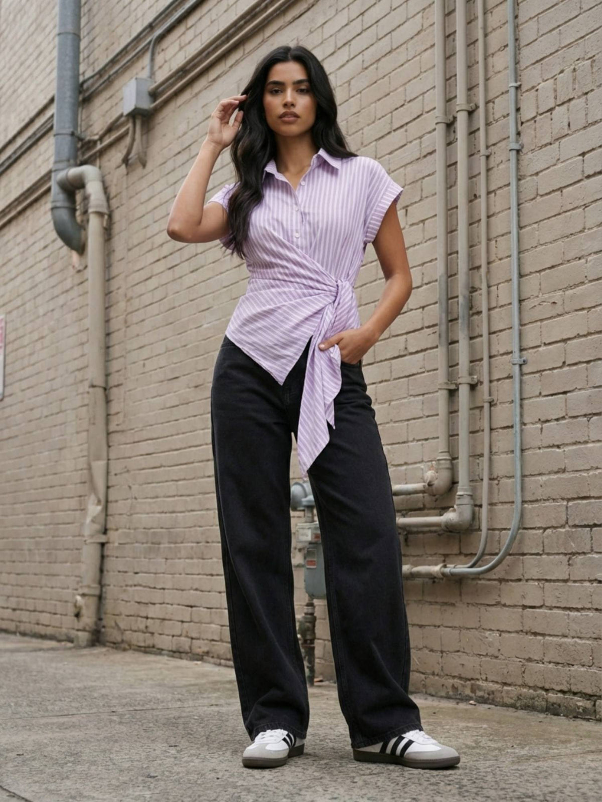 Purple Women Striped Wrap Style Cotton Shirt | S67 - view 3