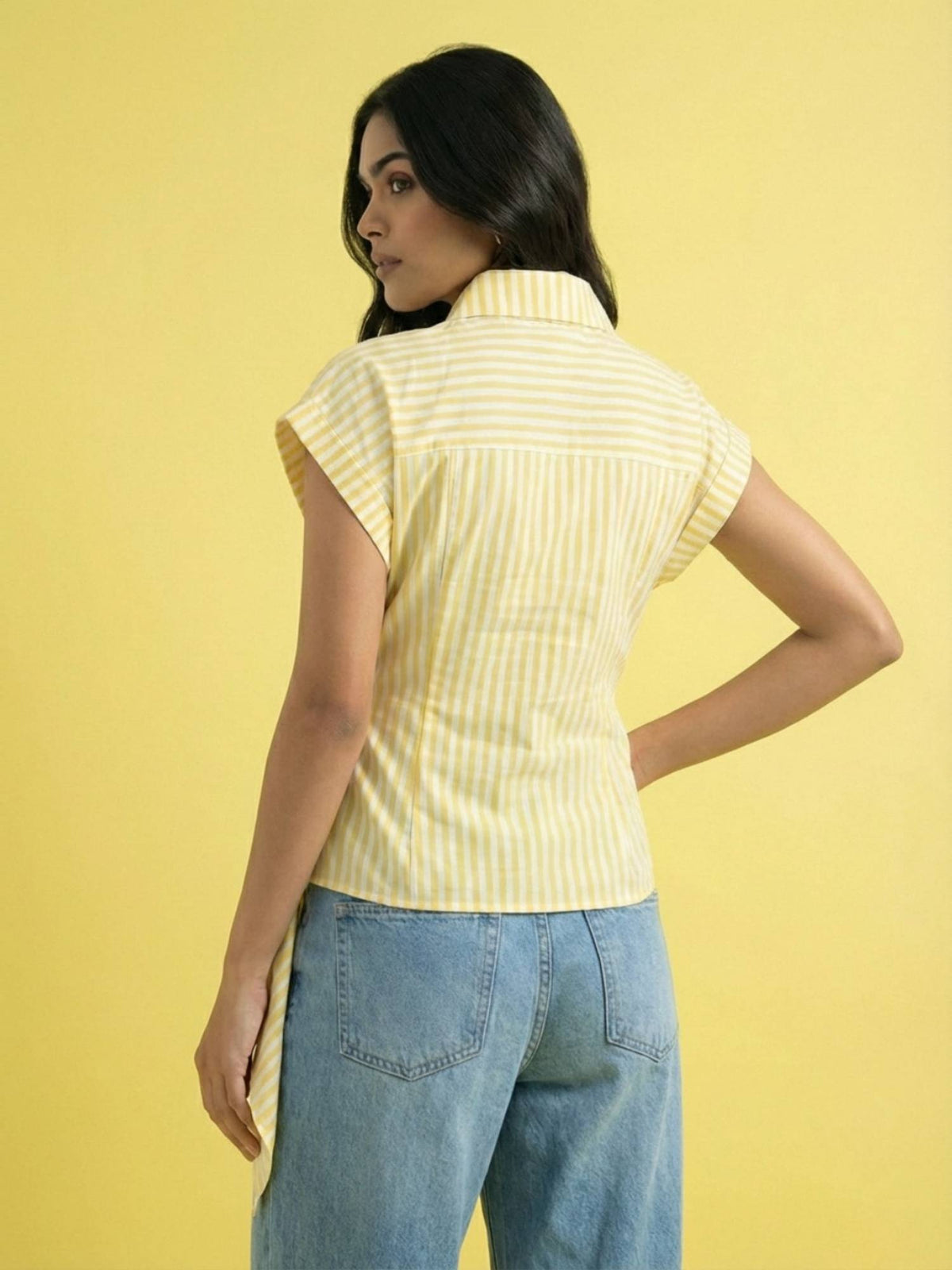 Yellow Women Striped Wrap Style Cotton Shirt | S67 - view 2