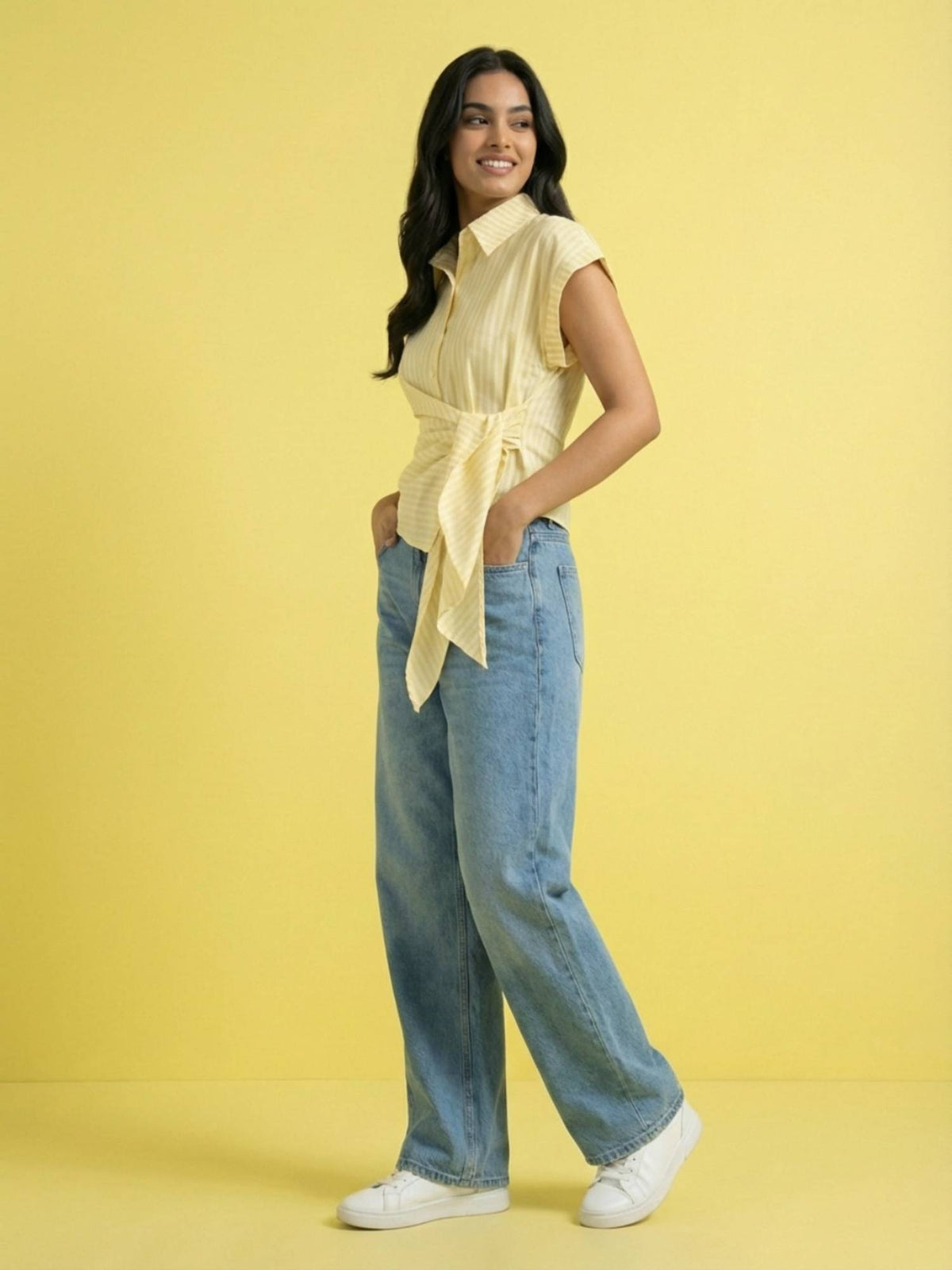 Yellow Women Striped Wrap Style Cotton Shirt | S67 - view 4