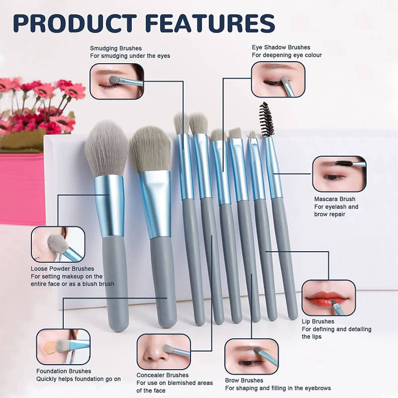 Makeup Brush With Lether Bag Storage Blue - Set Of 8 | T32 - view 4