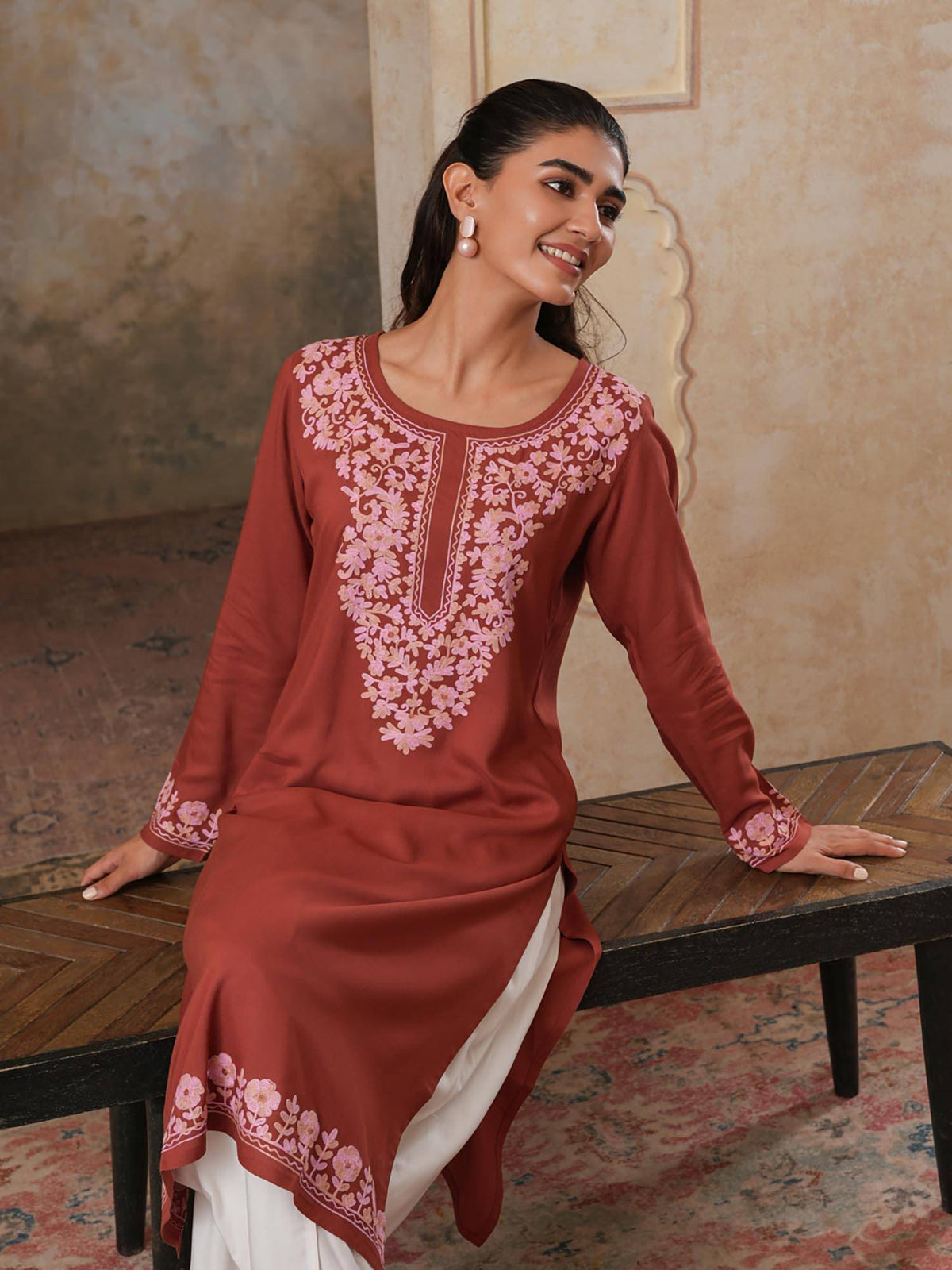 Women Floral Kashmiri Aari Embroidered Viscose Rayon Slim Fit Kurta | FY93 - view 20