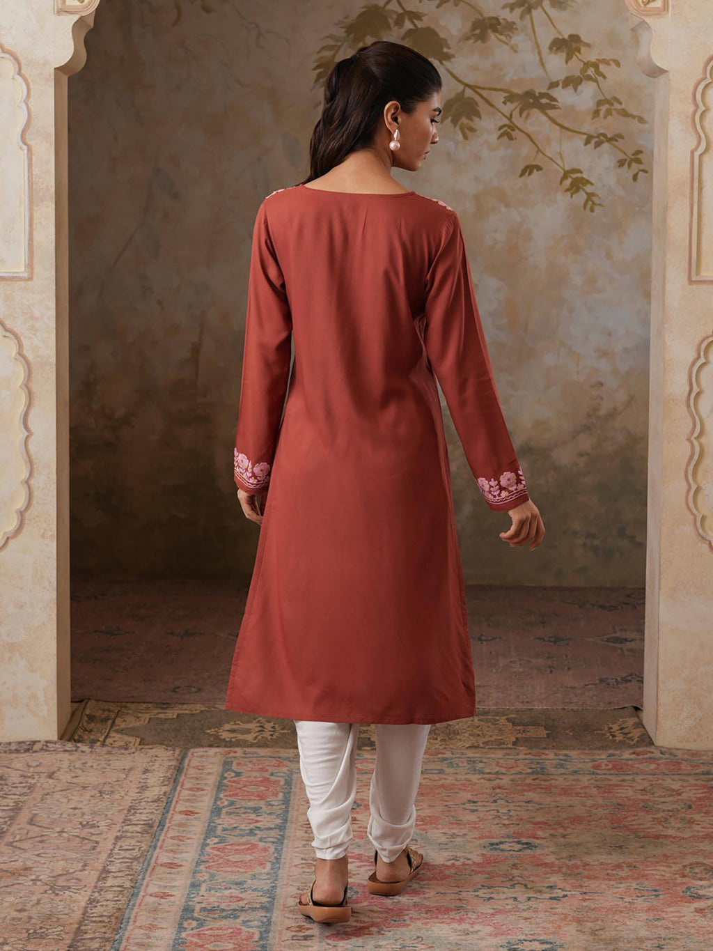 Women Floral Kashmiri Aari Embroidered Viscose Rayon Slim Fit Kurta | U3S - view 21
