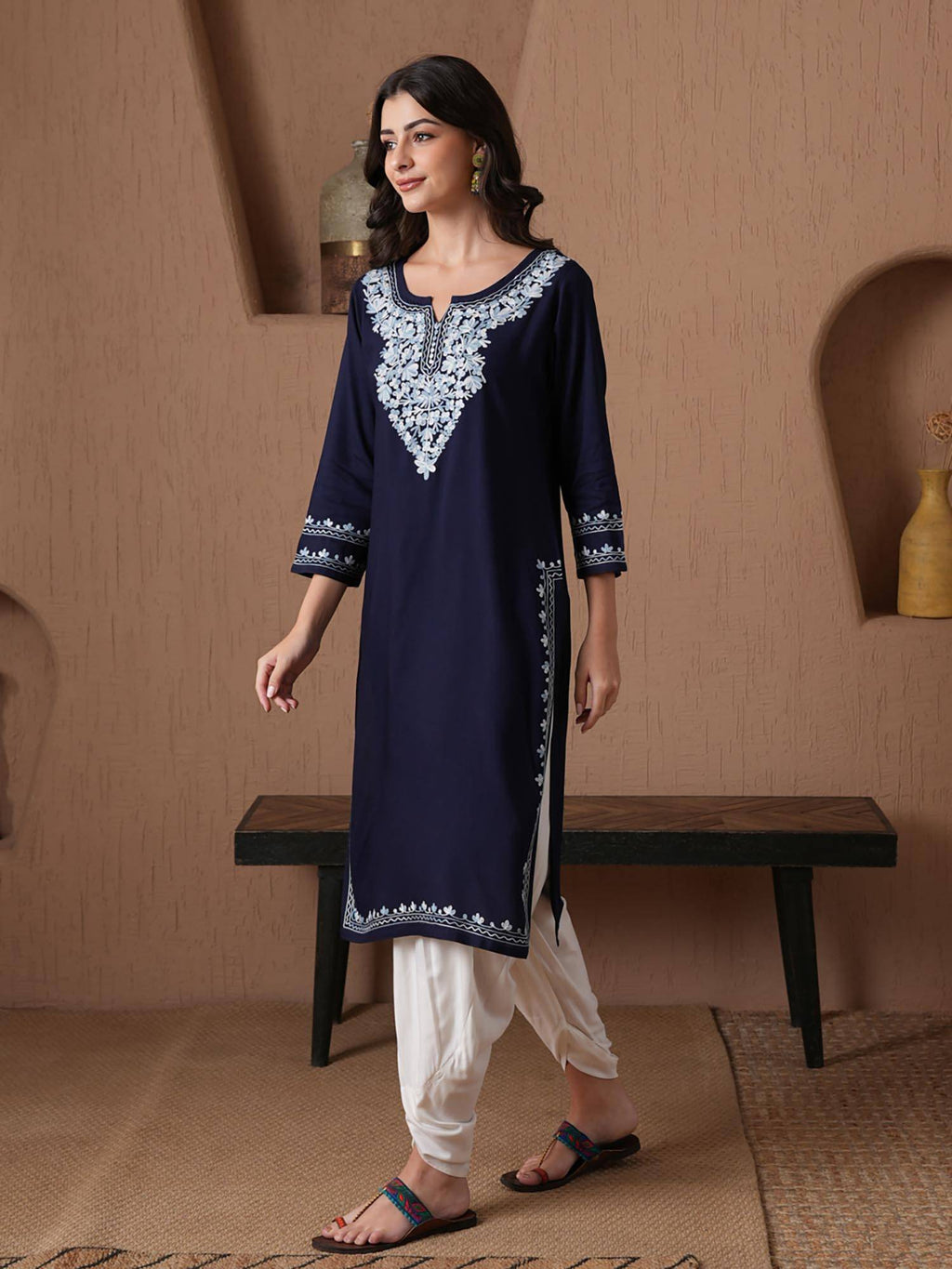 Women Aari Embroidered Viscose Rayon Keyhole Neck Kurta | U3S - view 2