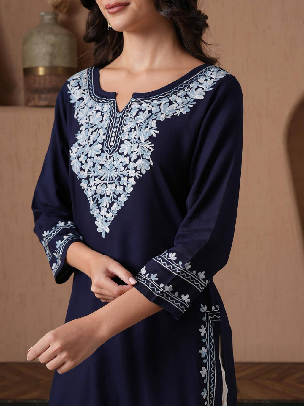 Women Aari Embroidered Viscose Rayon Keyhole Neck Kurta | KDG - view 5