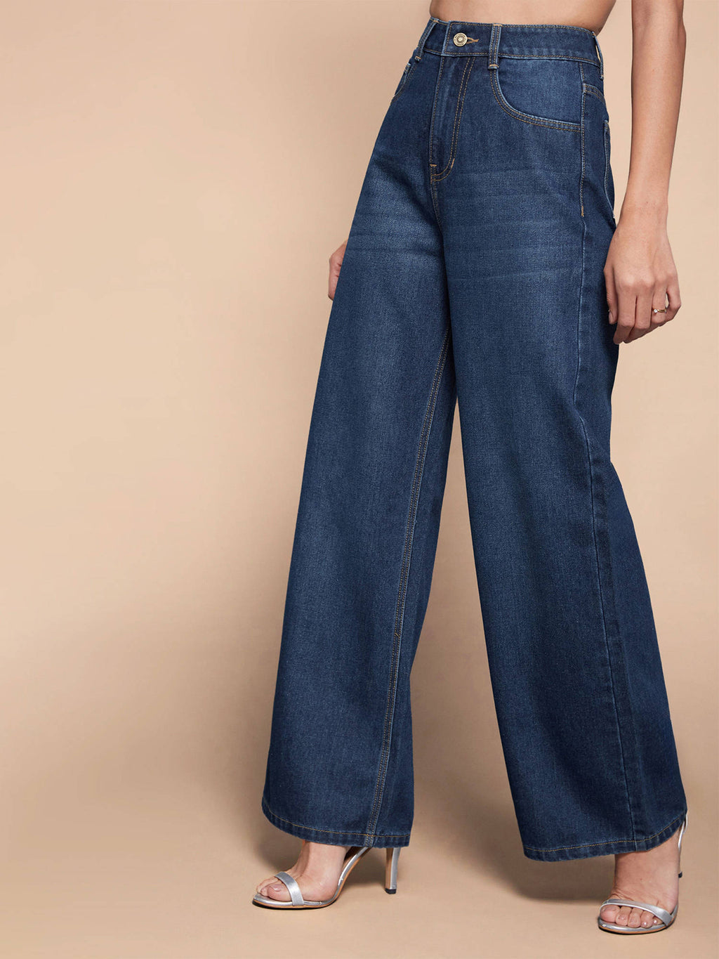 Womens Navy Blue Wide Leg High Rise Clean Look Regular Length Denim Jeans | BG78 - view 2
