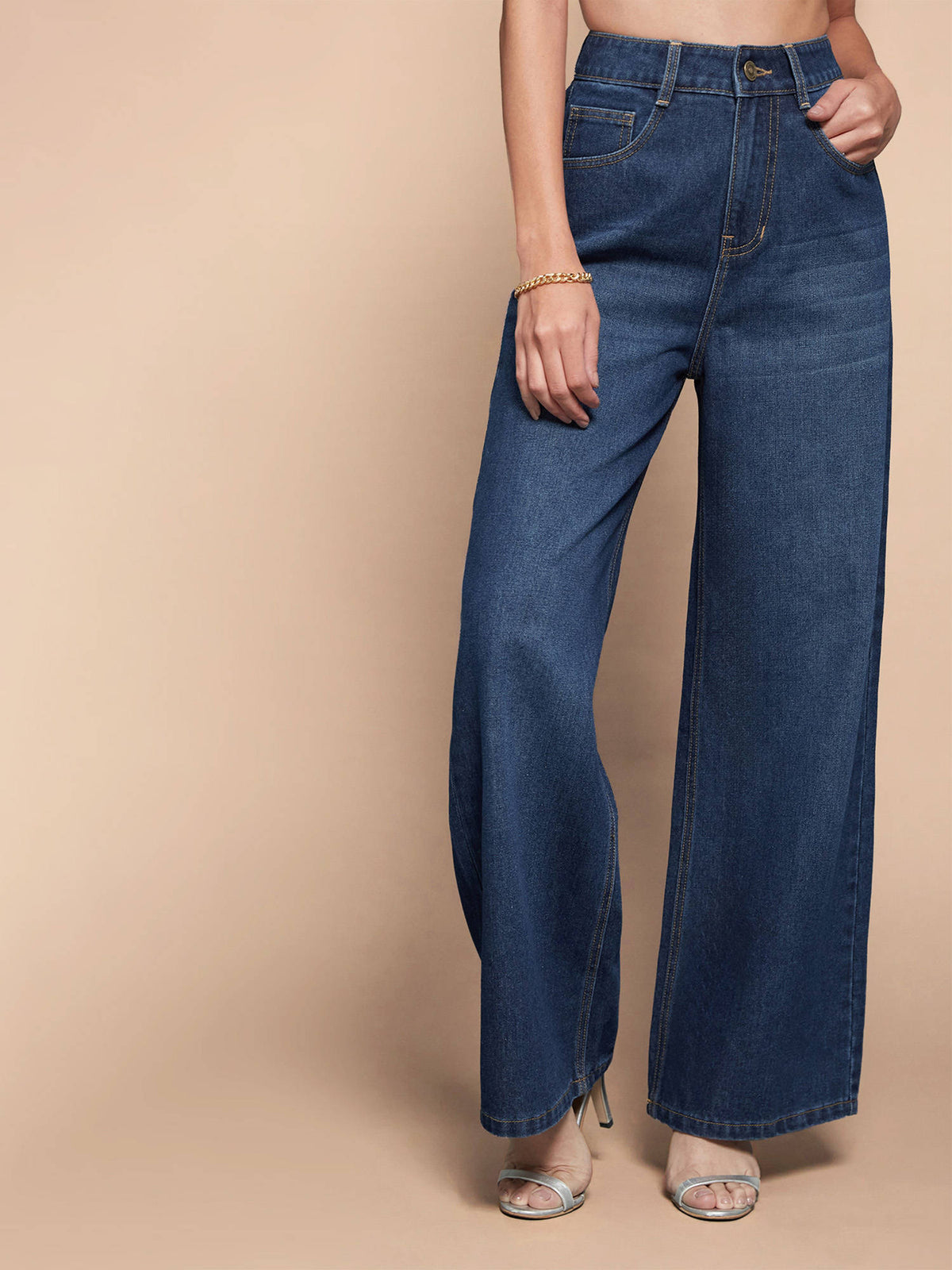Womens Navy Blue Wide Leg High Rise Clean Look Regular Length Denim Jeans | BG78 - view 3