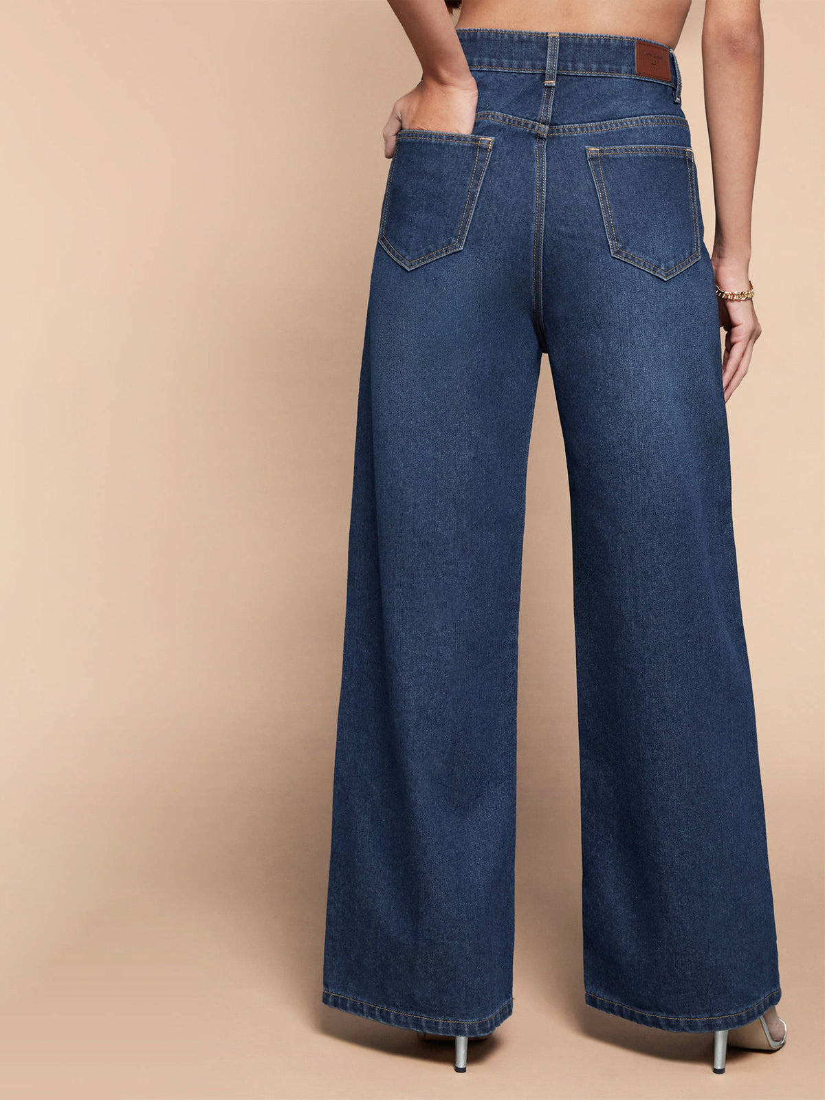 Womens Navy Blue Wide Leg High Rise Clean Look Regular Length Denim Jeans | BG78 - view 4