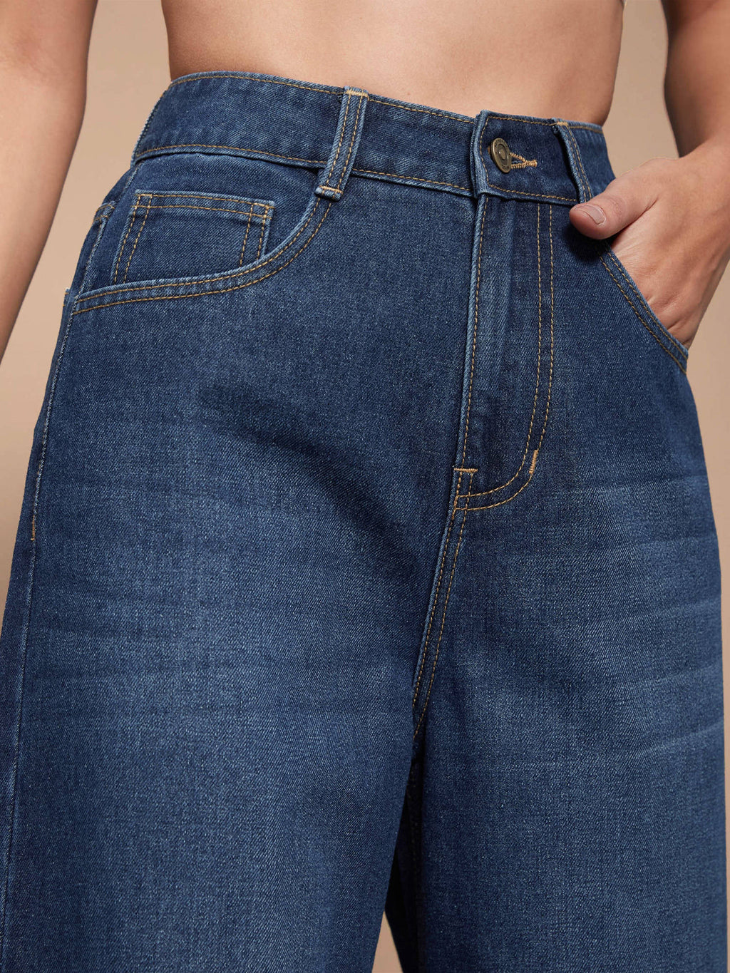 Womens Navy Blue Wide Leg High Rise Clean Look Regular Length Denim Jeans | BG78 - view 5