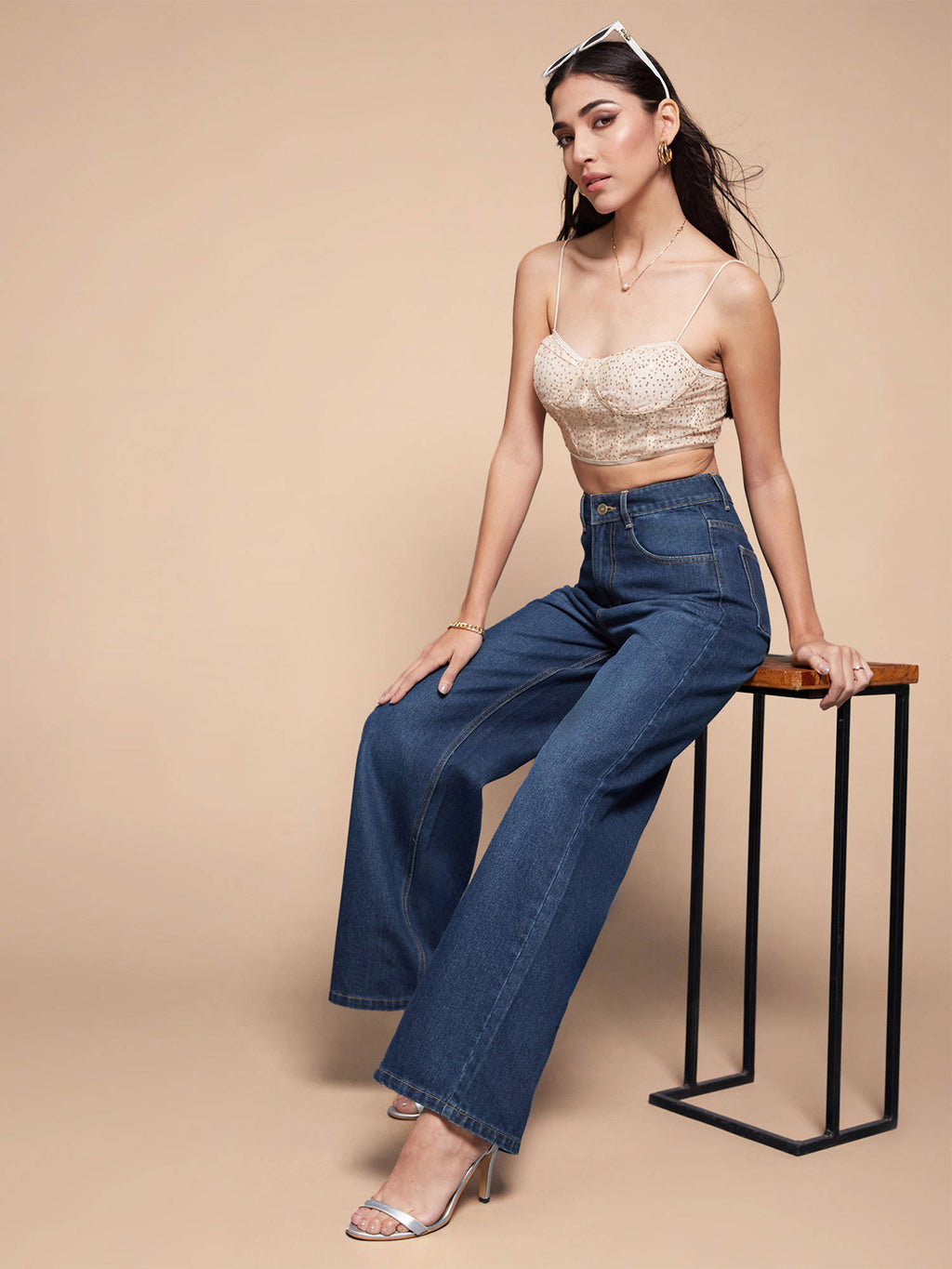 Womens Navy Blue Wide Leg High Rise Clean Look Regular Length Denim Jeans | BG78 - view 6