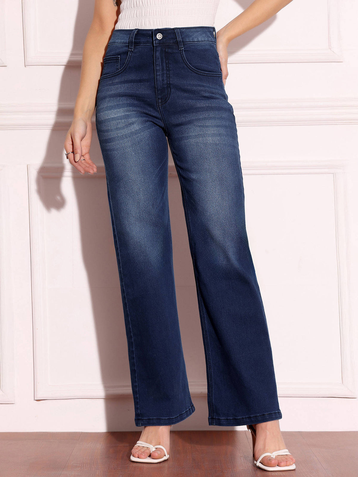 Women's Navy Blue Straight-Fit Mid-Rise Clean-Look Stretchable Denim Jeans | ST23 - view 2