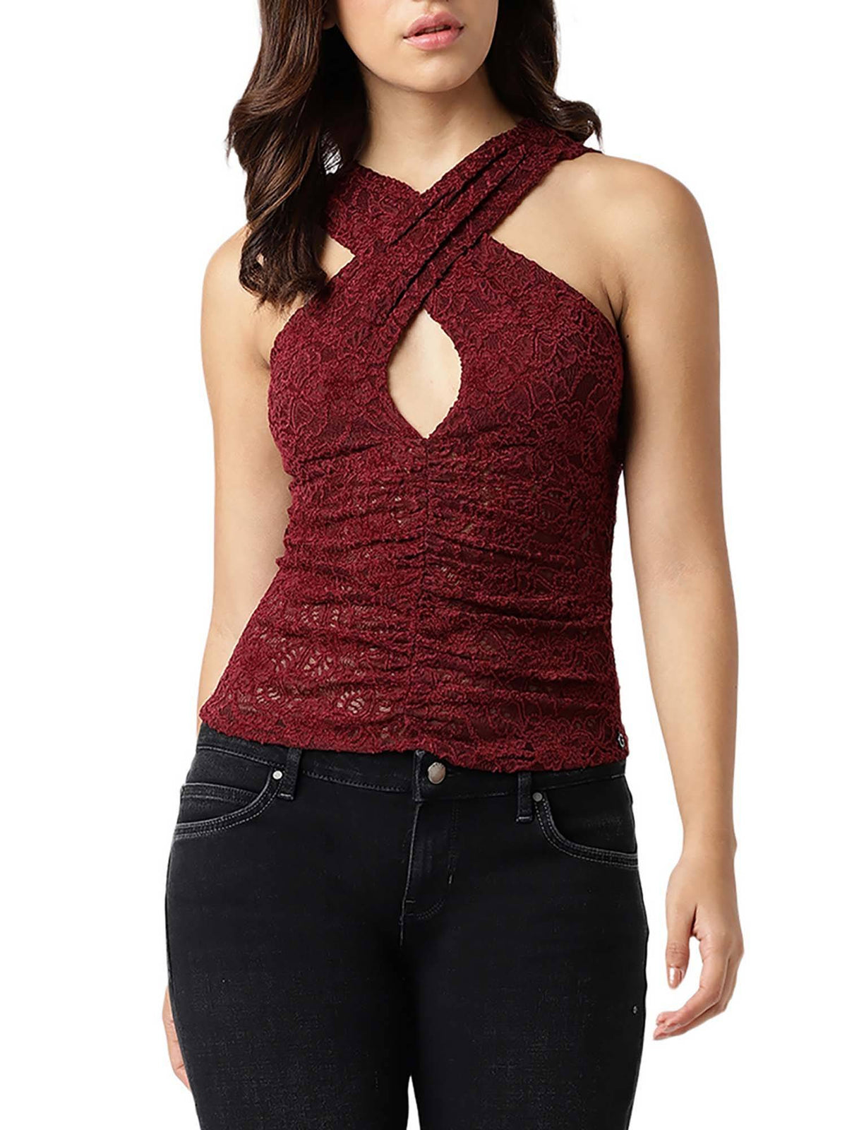 Women Maroon Self Design V-Neck Sleeveless Top | HT67 - view 1