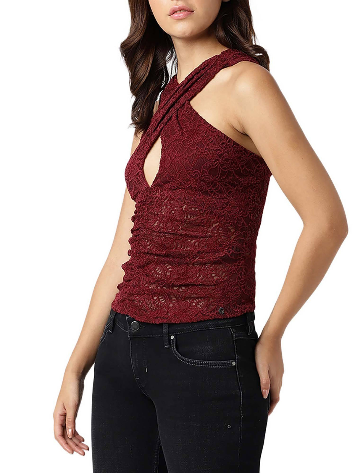 Women Maroon Self Design V-Neck Sleeveless Top | HT67 - view 3