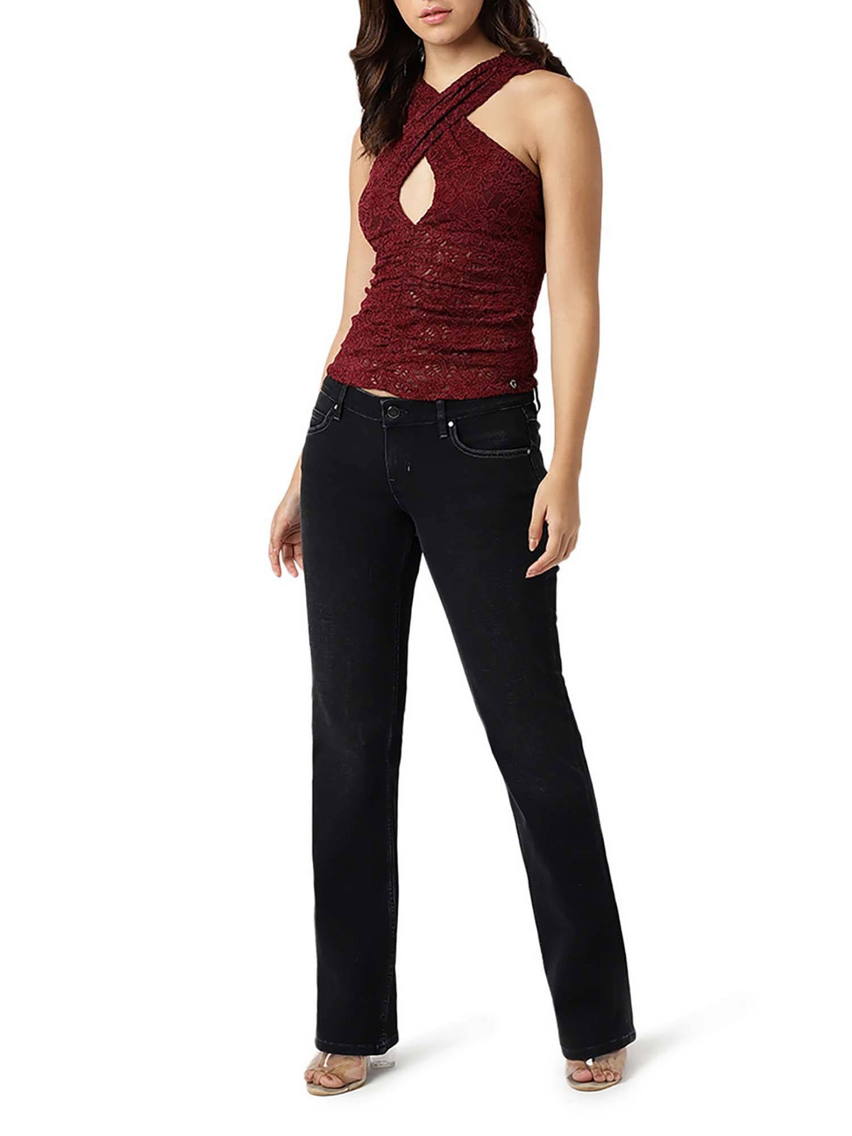 Women Maroon Self Design V-Neck Sleeveless Top | HT67 - view 4
