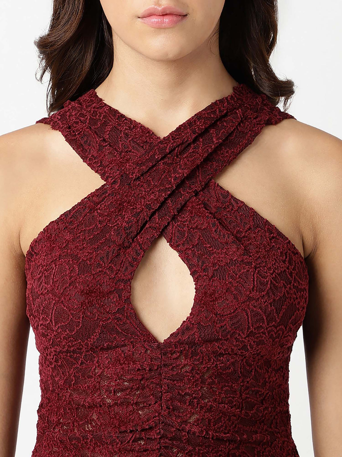 Women Maroon Self Design V-Neck Sleeveless Top | HT67 - view 5
