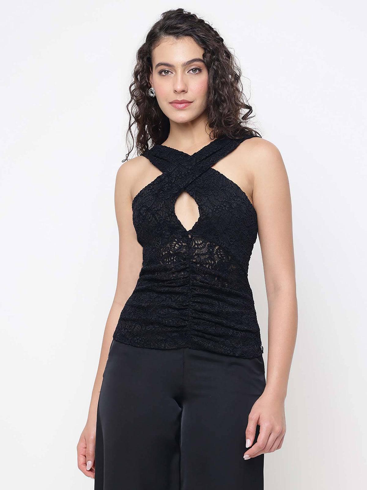 Women Black Self Design V-Neck Sleeveless Top | HT67 - view 1