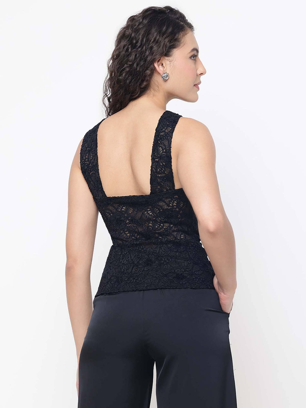 Women Black Self Design V-Neck Sleeveless Top | HT67 - view 4