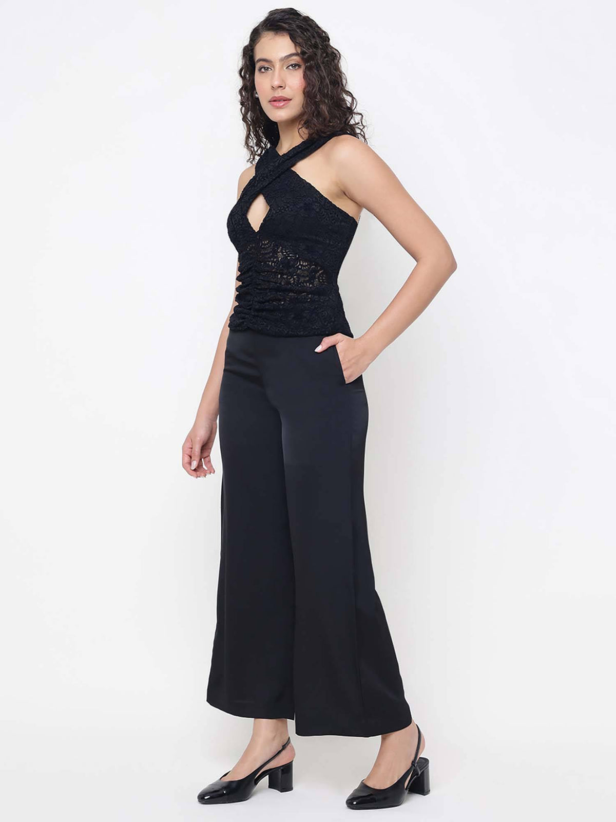 Women Black Self Design V-Neck Sleeveless Top | HT67 - view 5