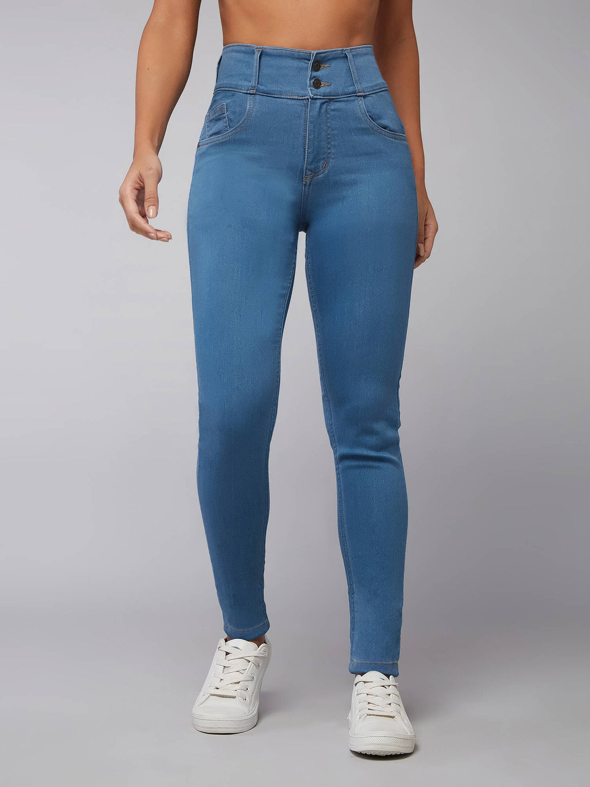 Womens Blue Skinny Fit High Rise Clean Look Regular Ice Wash Stretchable Jeans | RF89 - view 2