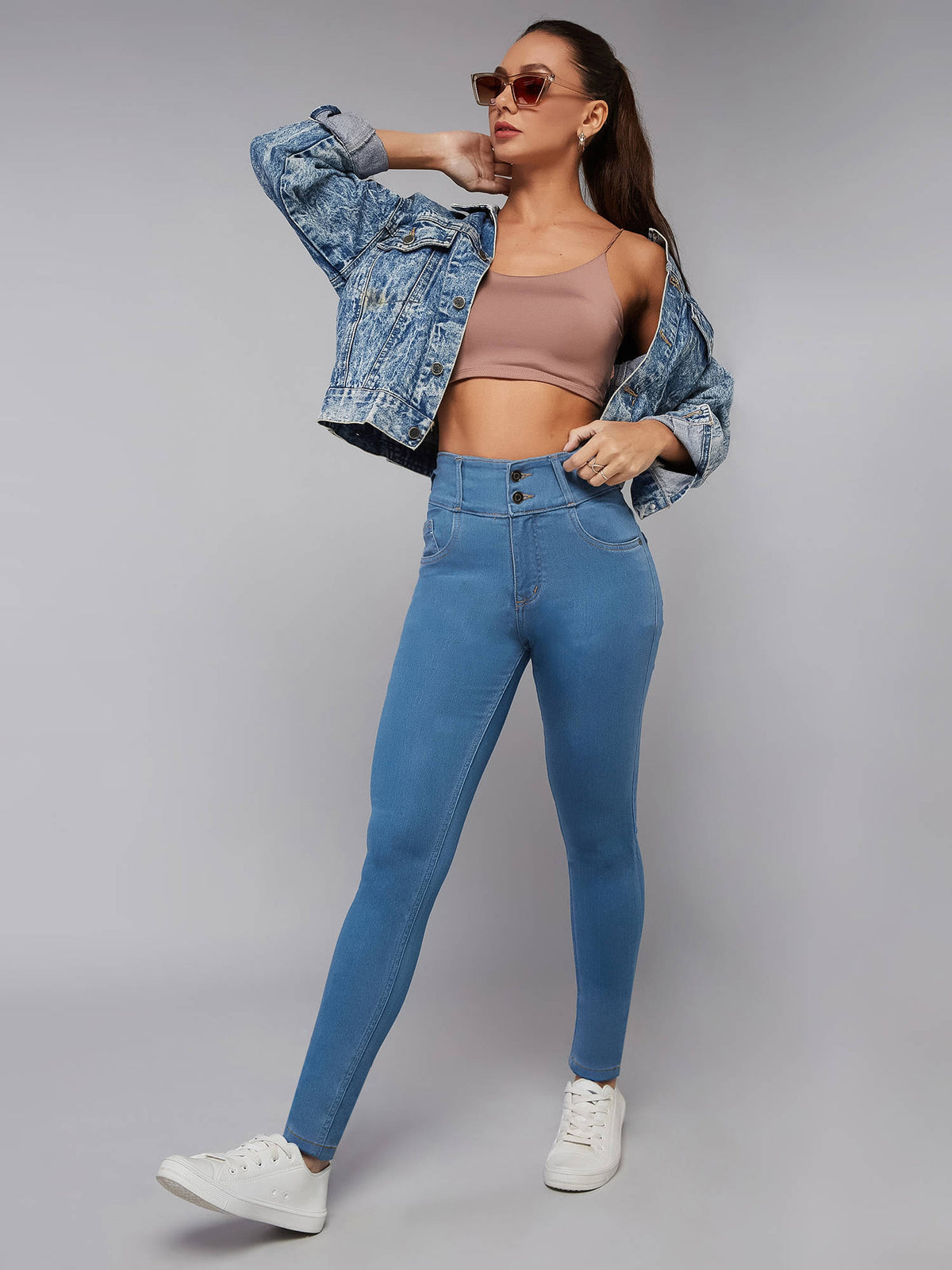 Womens Blue Skinny Fit High Rise Clean Look Regular Ice Wash Stretchable Jeans | RF89 - view 3