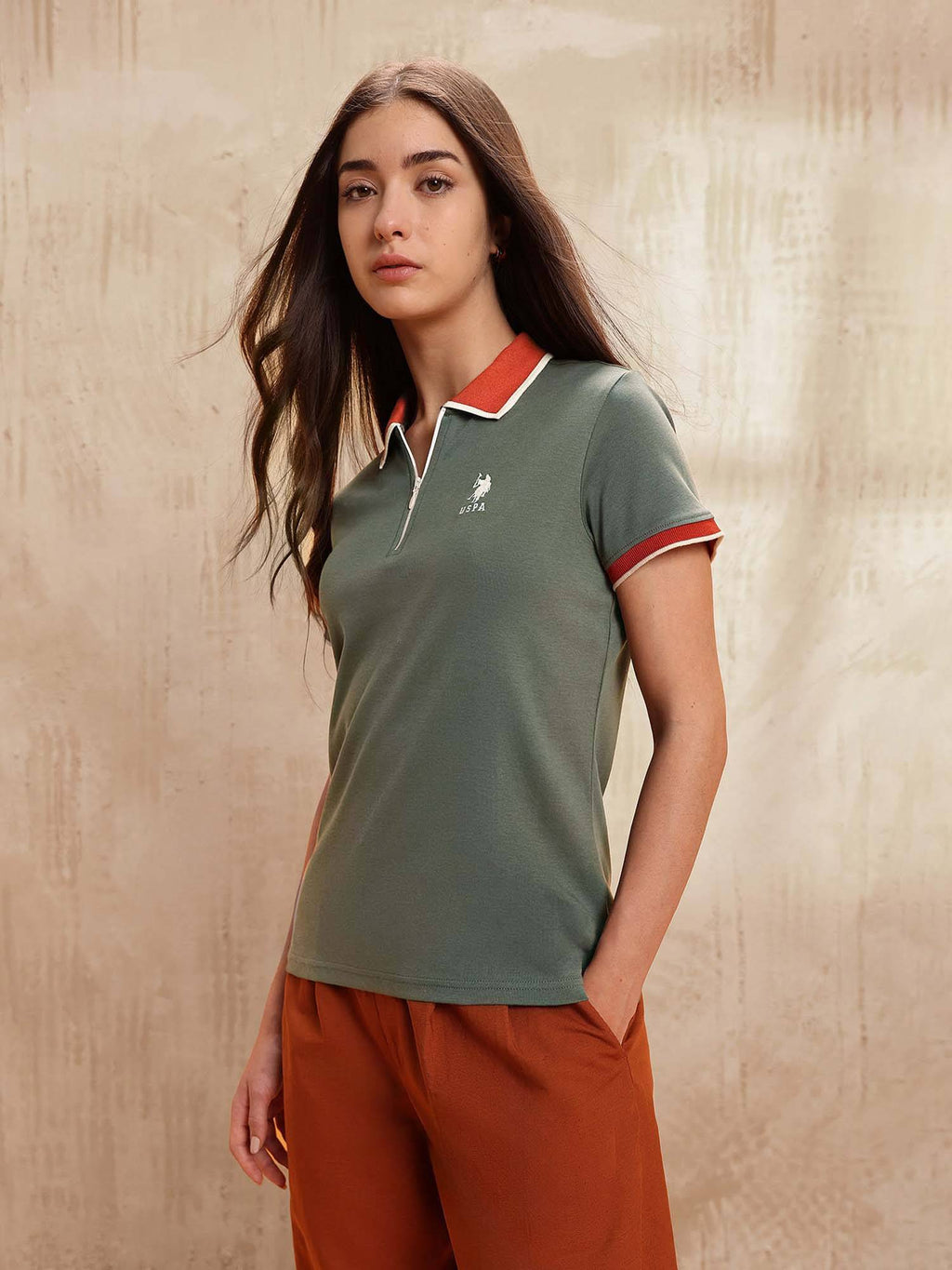 Green Cotton Solid Zipper Polo T-Shirt | PW43 - view 4
