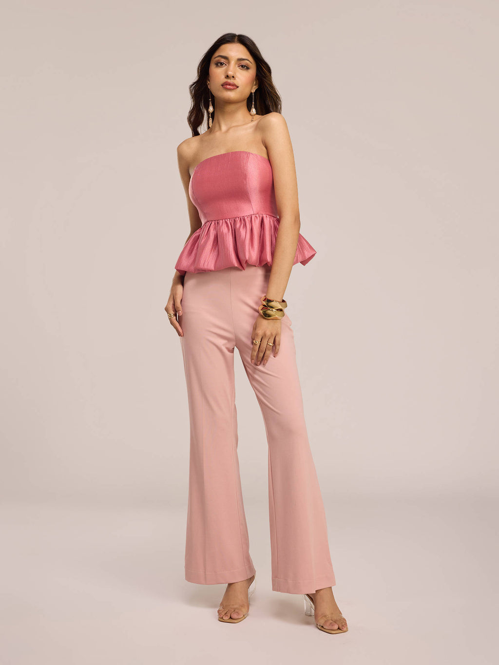 Pink Tube Neck Smocked Shimmer Detail Peplum Crop Top | pt51 - view 4