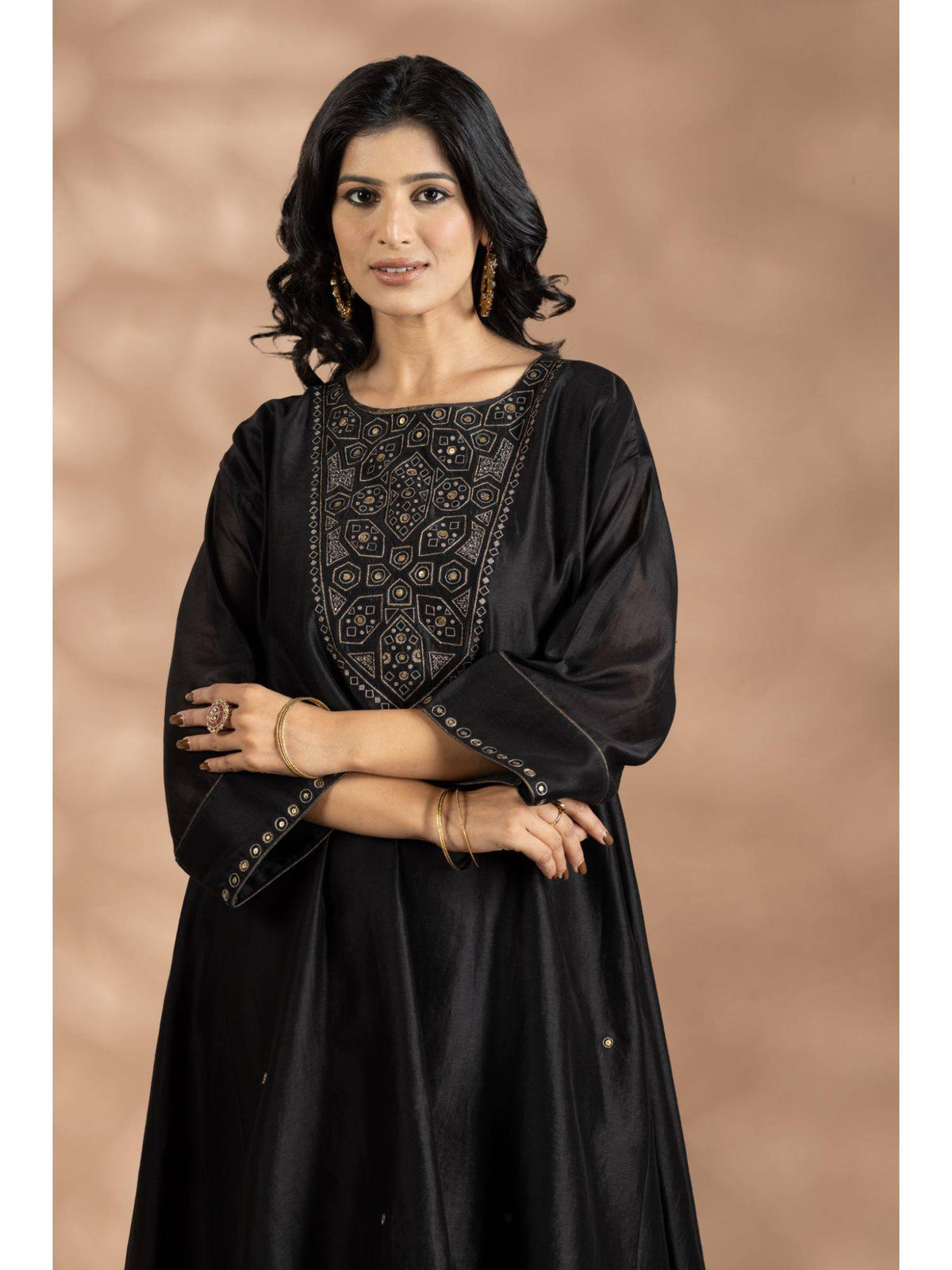 Black Silk Chanderi Embroidered Kurta | KDG - view 5