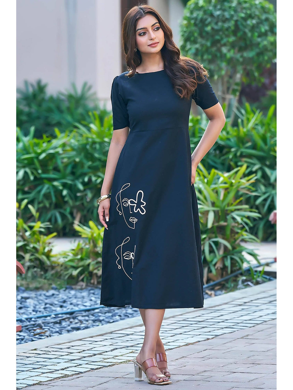 Black Embroidered A-Line Midi Dress | D56 - view 1