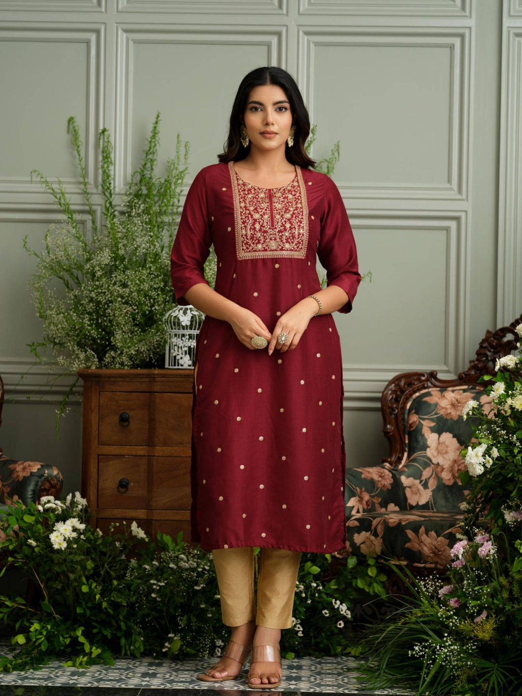 Maroon Embroidered Kurta with Gold Polka Accents and Yoke Detailing | U3S - view 1