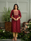 Maroon Embroidered Kurta with Gold Polka Accents and Yoke Detailing | U3S - view 1
