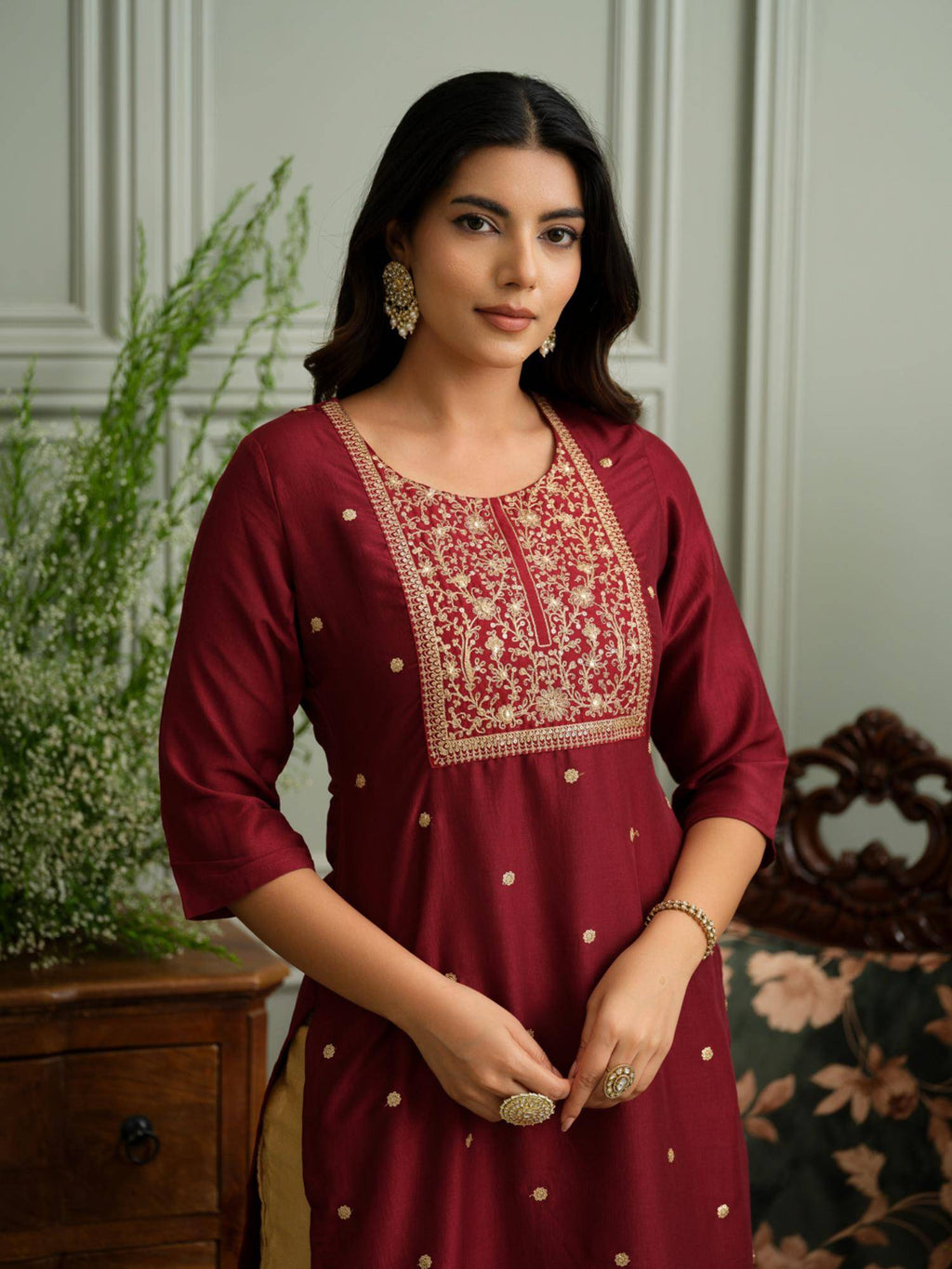 Maroon Embroidered Kurta with Gold Polka Accents and Yoke Detailing | U3S - view 2