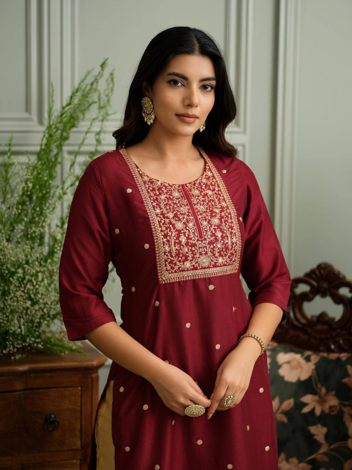 Maroon Embroidered Kurta with Gold Polka Accents and Yoke Detailing | U3S - view 2