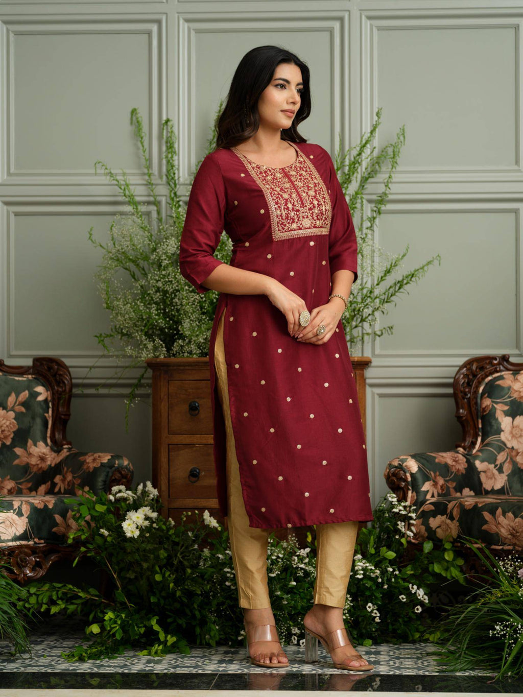 Maroon Embroidered Kurta with Gold Polka Accents and Yoke Detailing | U3S - view 3
