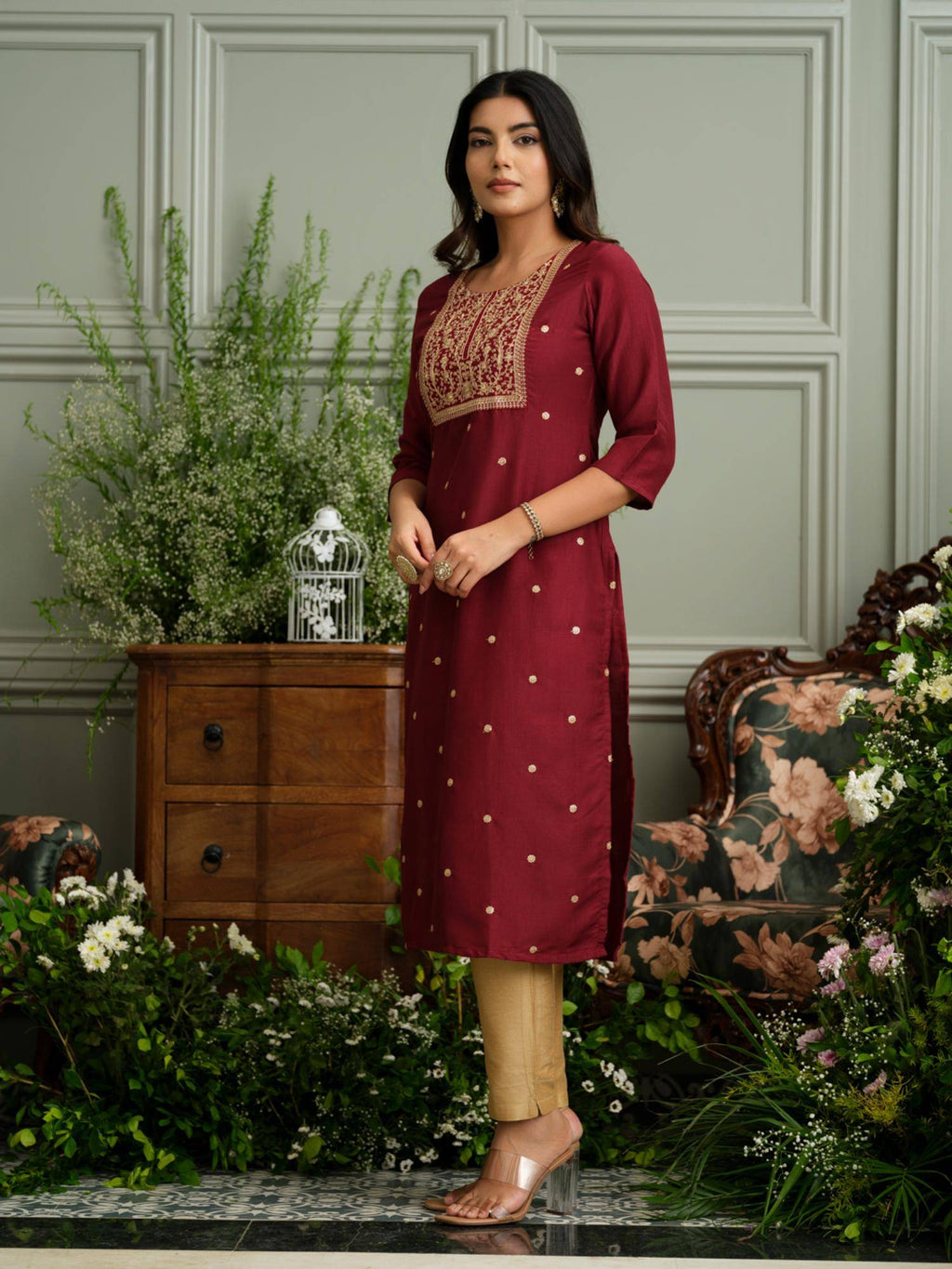 Maroon Embroidered Kurta with Gold Polka Accents and Yoke Detailing | U3S - view 4