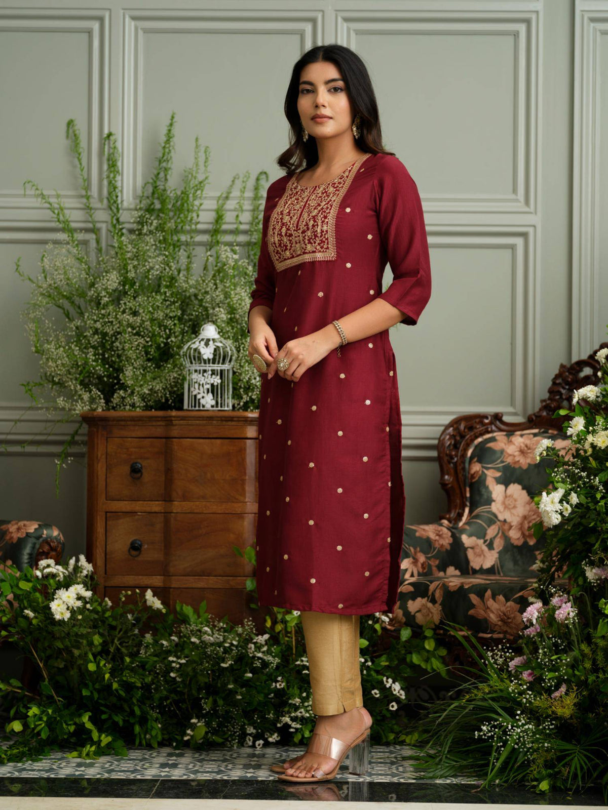 Maroon Embroidered Kurta with Gold Polka Accents and Yoke Detailing | U3S - view 4