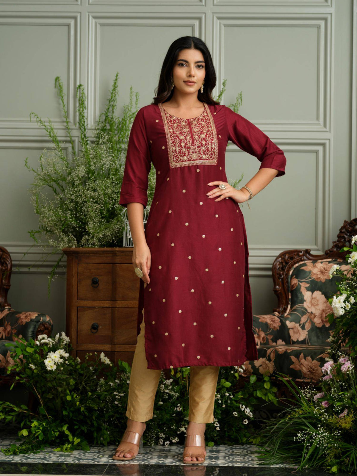 Maroon Embroidered Kurta with Gold Polka Accents and Yoke Detailing | U3S - view 5