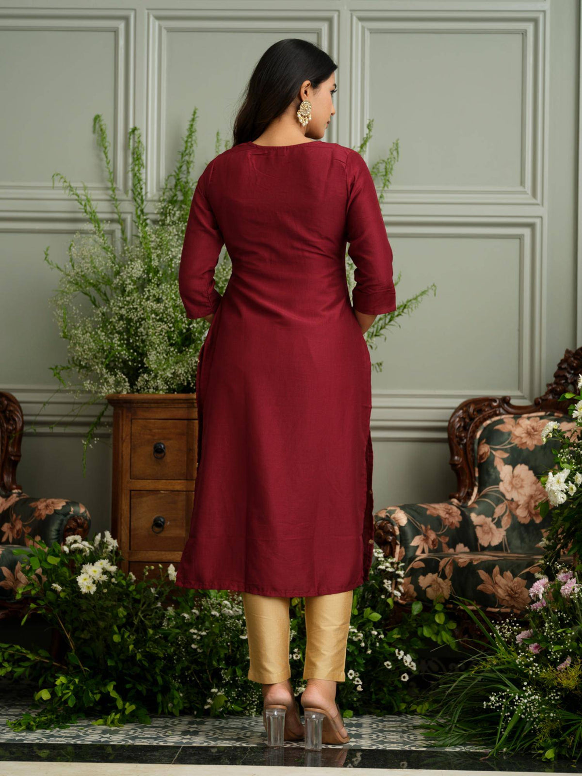 Maroon Embroidered Kurta with Gold Polka Accents and Yoke Detailing | U3S - view 6