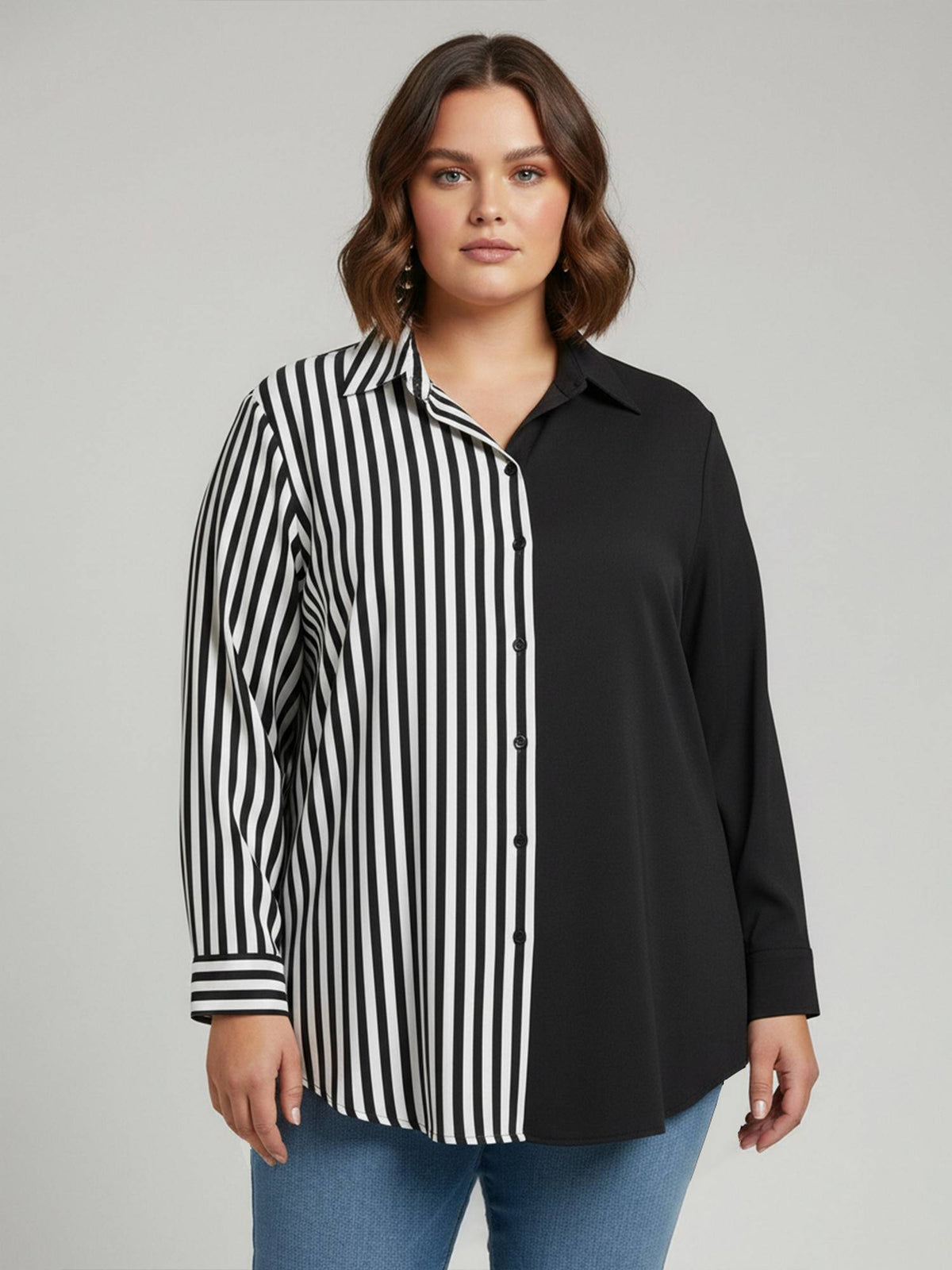 Black Crepe Collar Neck Stripes Regular Fit Shirt | S67 - view 1