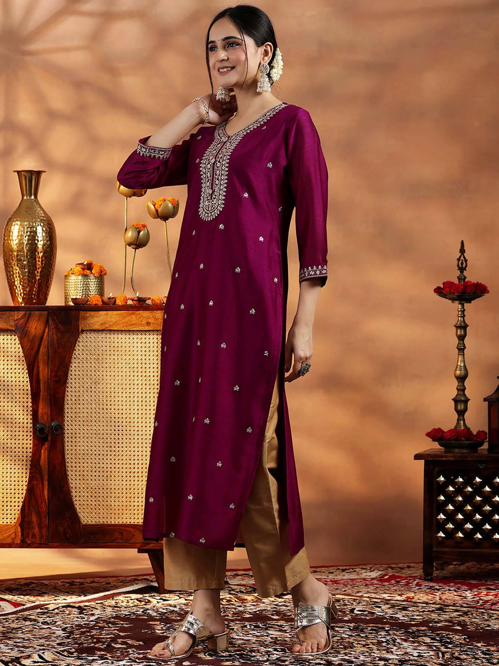 Maroon Embroidered Round Neck Kurta & Pant | KDG - view 14