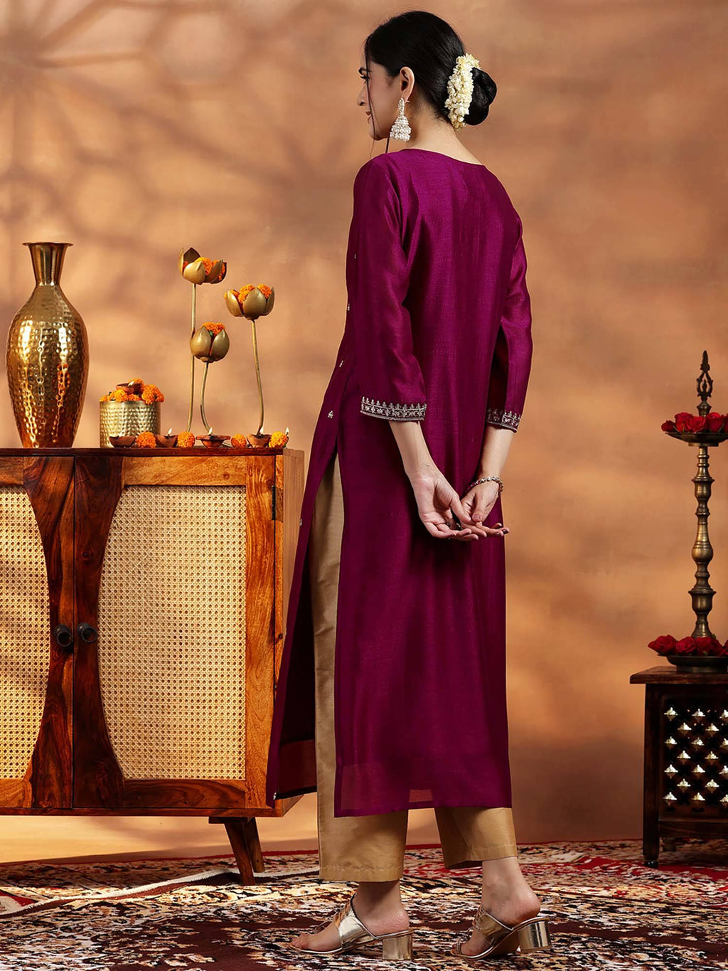 Maroon Embroidered Round Neck Kurta & Pant | KDG - view 15
