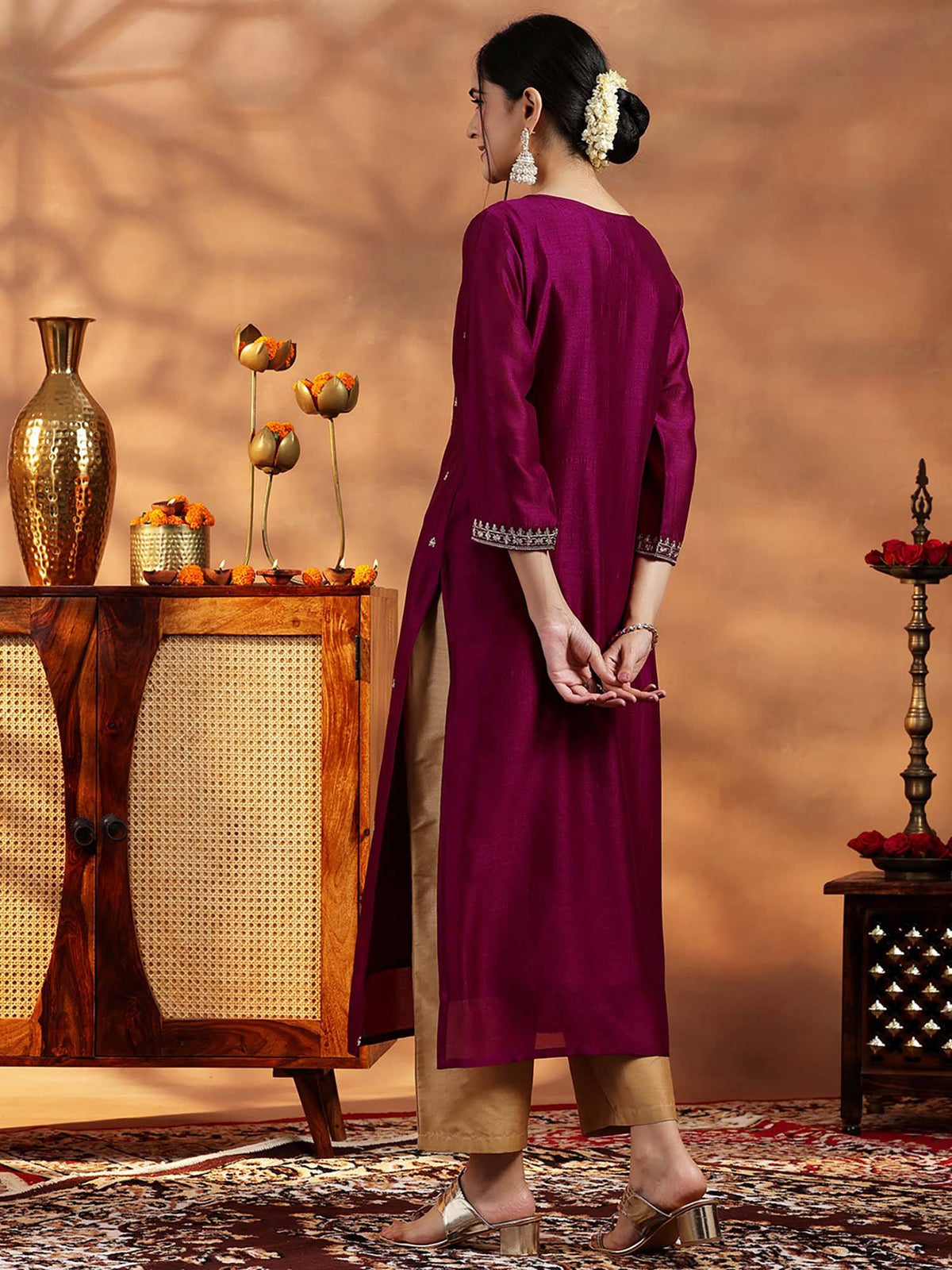 Maroon Embroidered Round Neck Kurta & Pant | KDG - view 15
