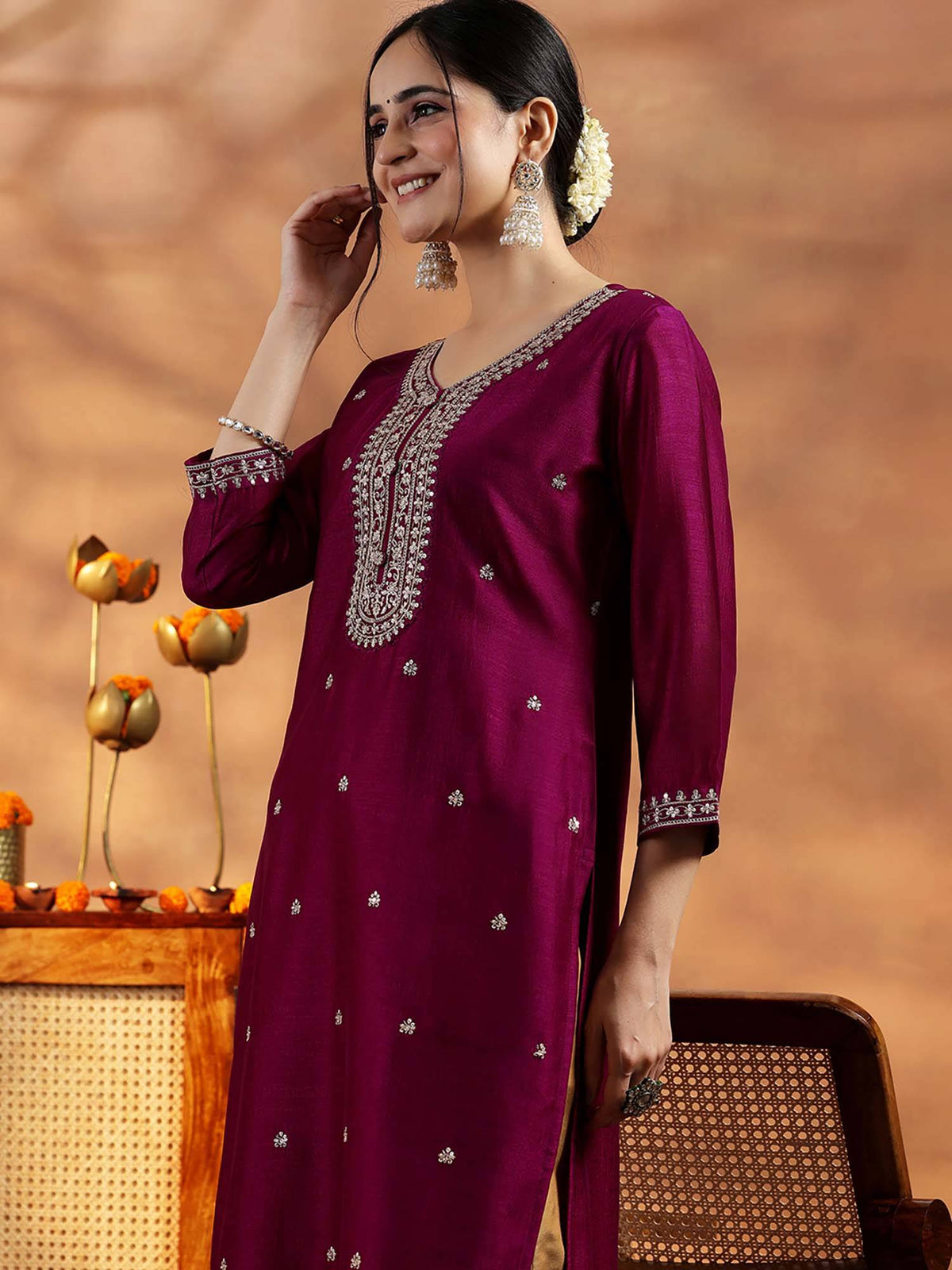 Maroon Embroidered Round Neck Kurta & Pant | KDG - view 16