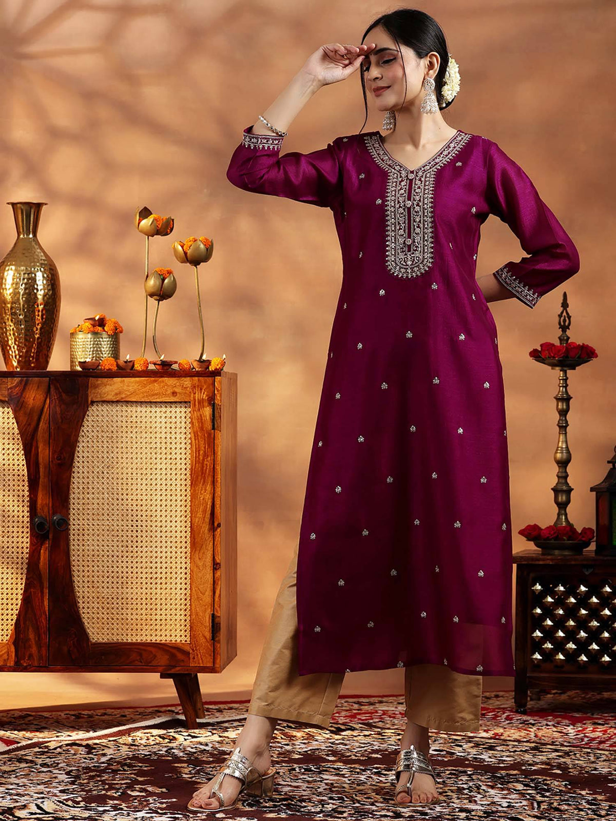 Maroon Embroidered Round Neck Kurta & Pant | KDG - view 17