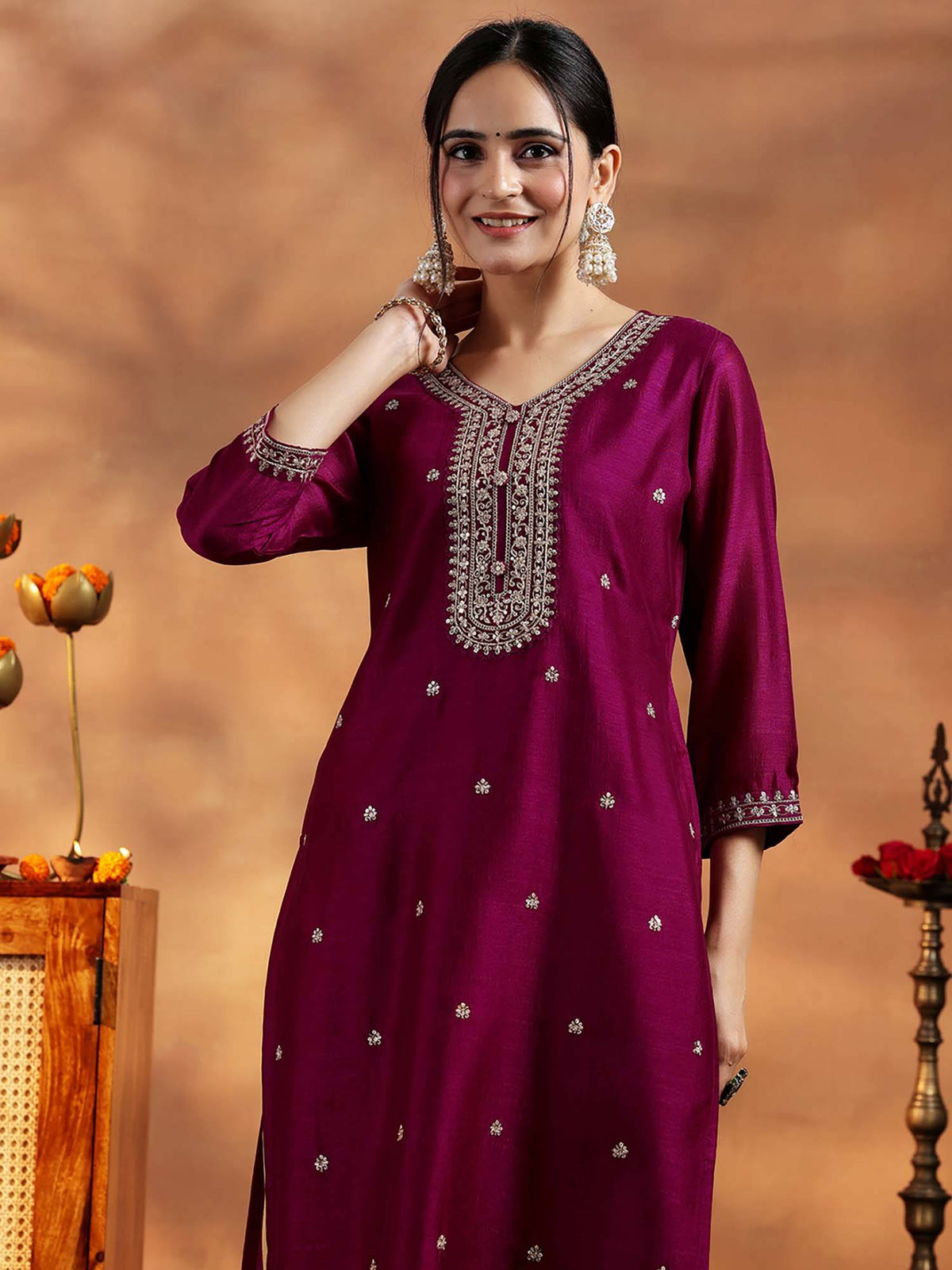 Maroon Embroidered Round Neck Kurta & Pant | KDG - view 18