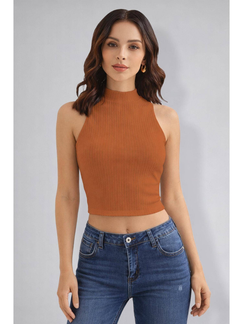 Womens Rust High Neck Sleeveless Crop Top | CT61 - view 1